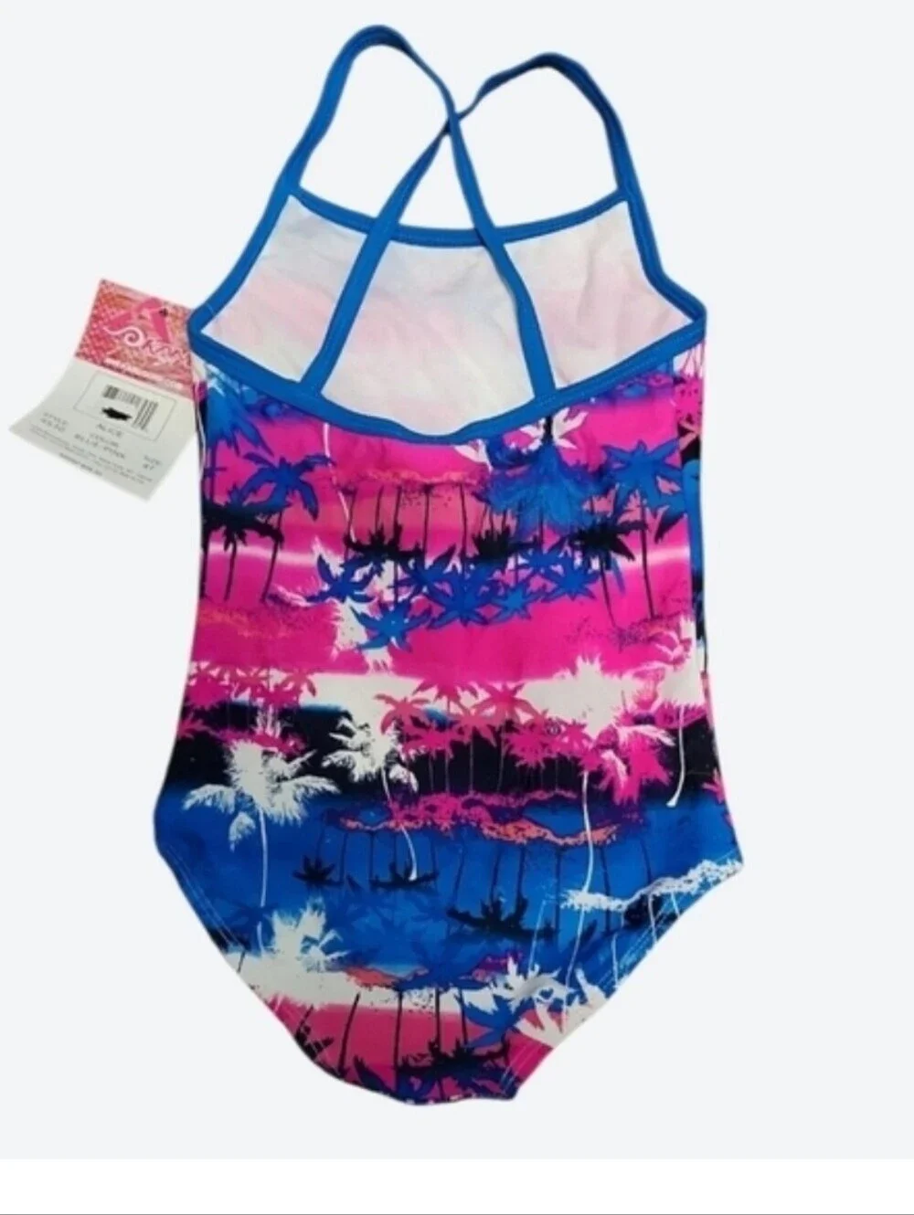 NWT Kanu Surf Kids Palm Silhouette One Piece Swimsuit - Pink and Blue